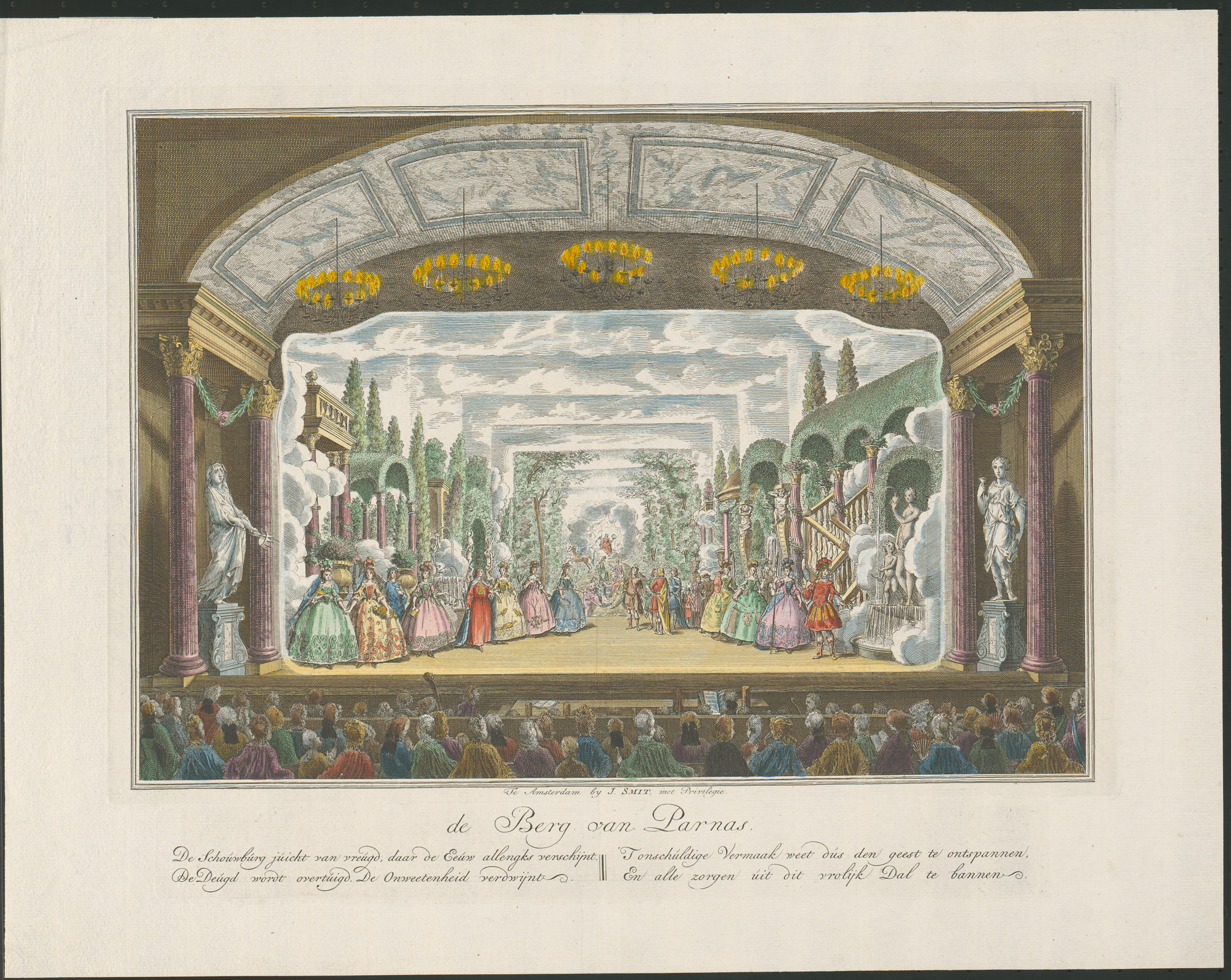 ohne Titel, Titel in Vorlageform: de Berg van Parnass (der Berg Parnass), Titel der Serie: Toneeldecors van de Amsterdamse Schouwburg (Theaterdekorationen der Amsterdamer Schauburg), Verweis auf Stücktitel: Het Eeuwgetijde van den Amsteldamschen Schouwburg