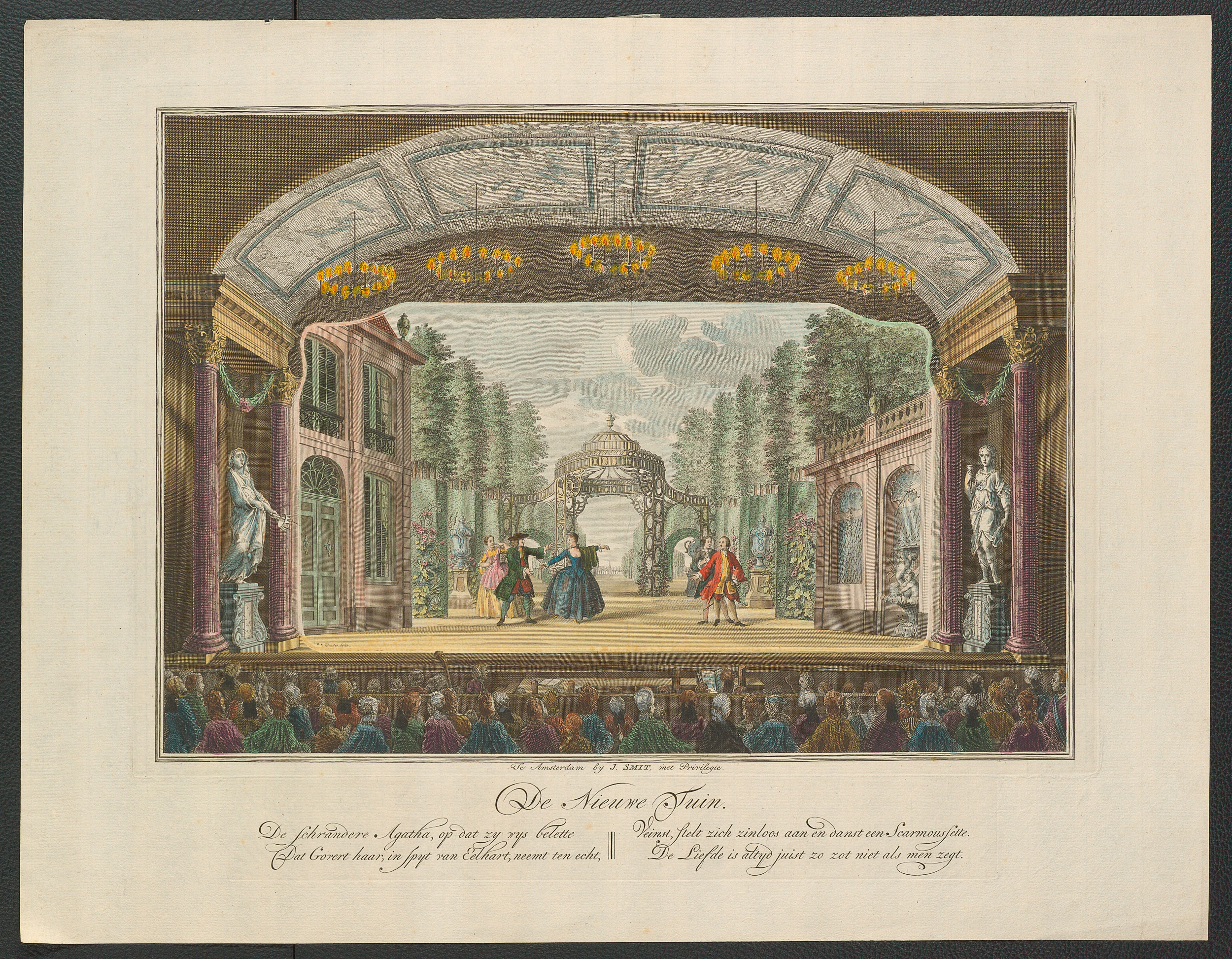 ohne Titel, Titel in Vorlageform: De Nieuwe Tuin (Der neue Garten), Titel der Serie: Toneeldecors van de Amsterdamse Schouwburg (Theaterdekorationen der Amsterdamer Schauburg), Verweis auf Stücktitel: De geveinsde zotheid door liefde (Die aus Liebe vorgetäuschte Dummheit)