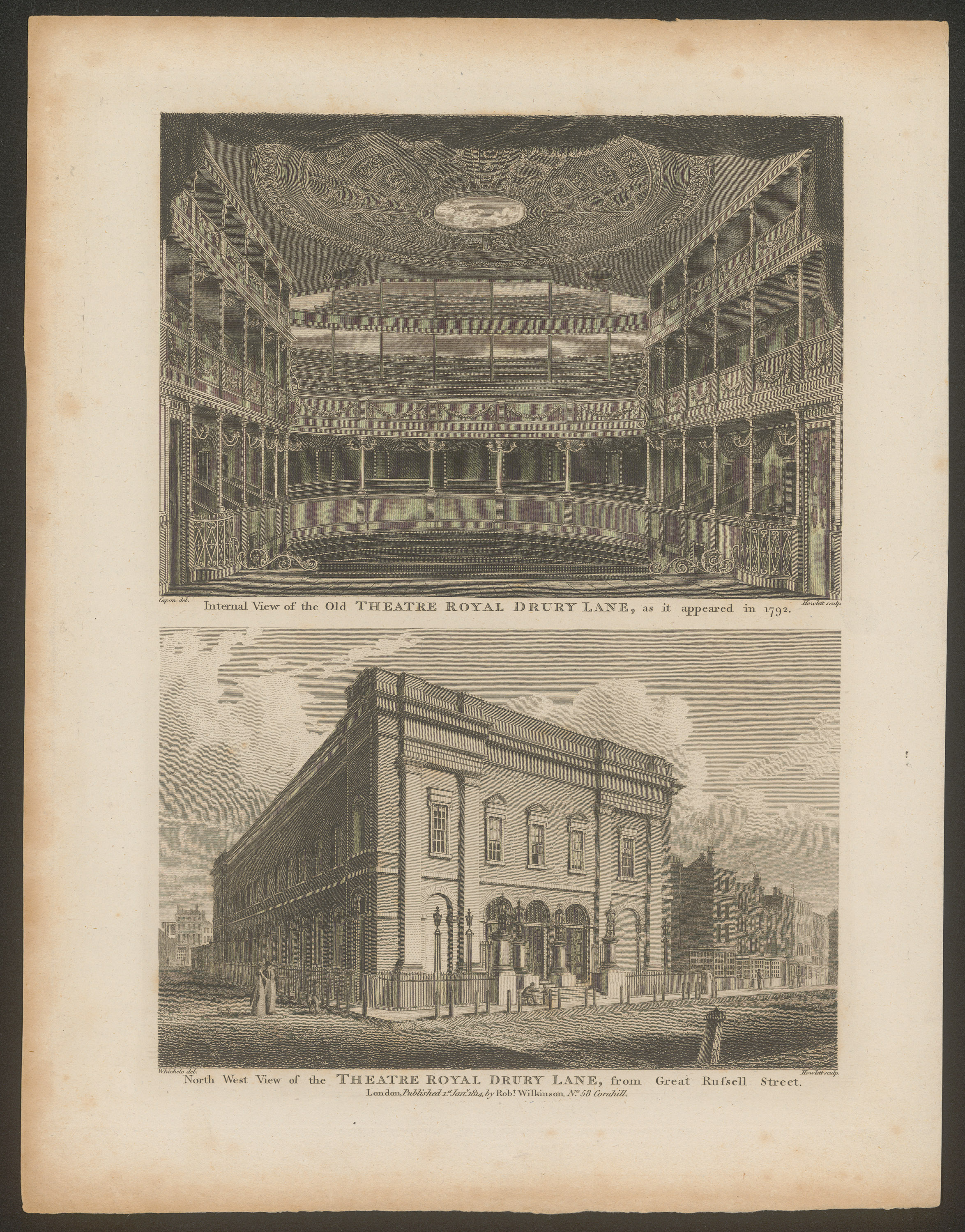 London, Drury Lane, Alternativtitel: London, Theatre Royal, Drury Lane, Titel in Vorlageform: Internal View of the Old Theatre Royal Drury Lane, as it appeared in 1792. / North West View of the Theatre Royal Drury Lane, from Great Russell Street., Titel der Serie: Londina Illustrata