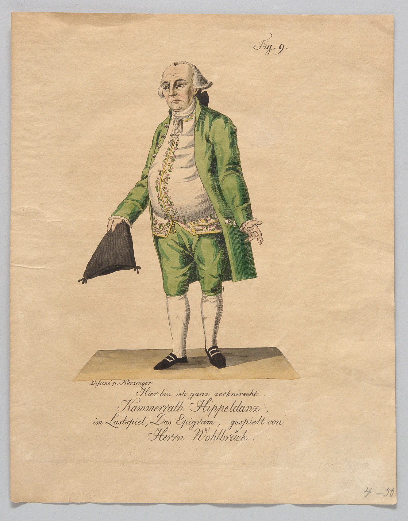 Johann Gottfried Wohlbrück, Titel in Vorlageform: Kammerrath Hippeldanz, im Lustspiel, Das Epigram, gespielt von Herrn Wohlbrück, Verweis auf Stücktitel: Das Epigram, Name der Zeitschrift: Münchner Theater-Journal