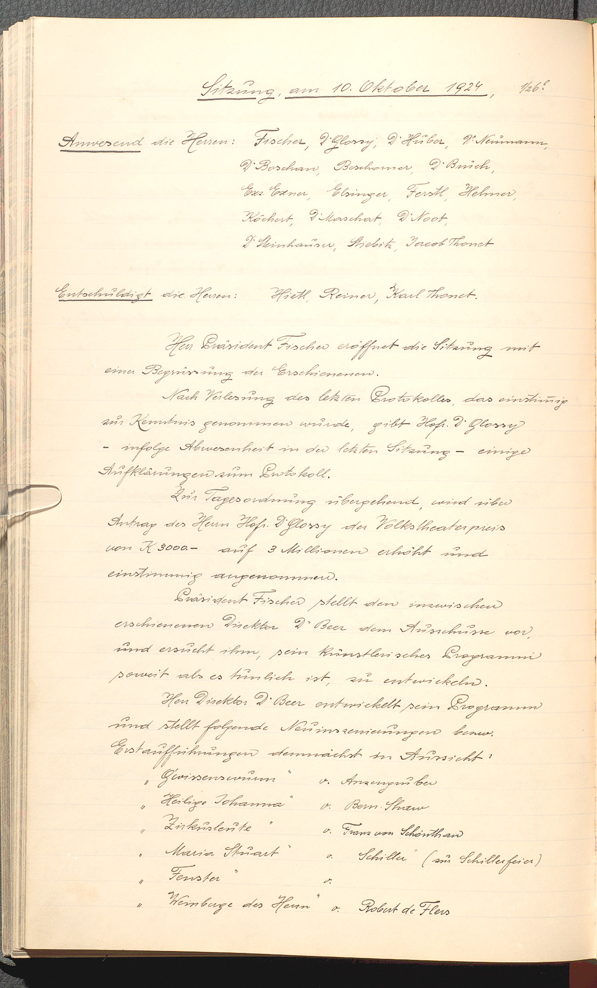 Protokolle der Ausschusssitzungen des Vereines des Deutschen Volkstheaters