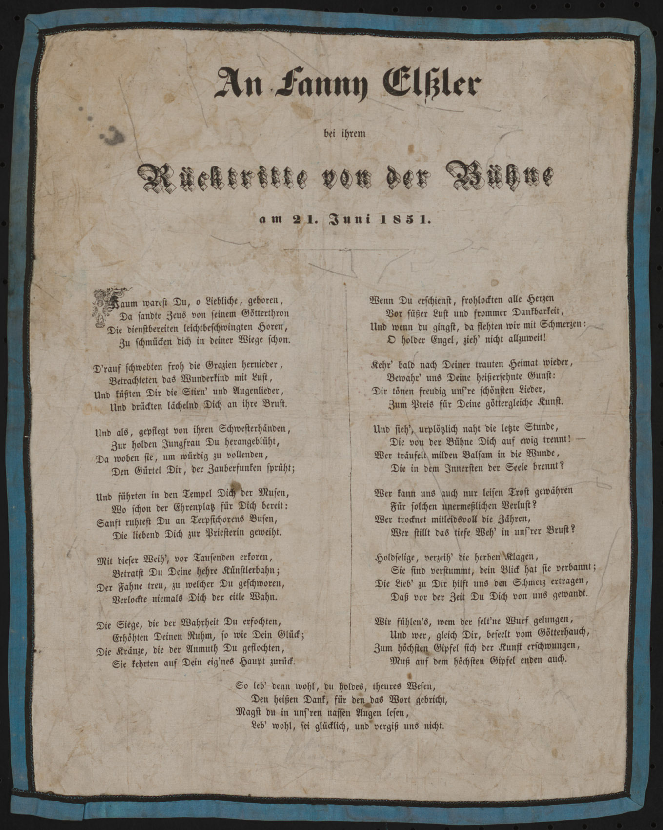 Fanny Elßler, Titel in Vorlageform: An Fanny Elßler bei ihrem Rücktritte von der Bühne am 21. Juni 1851