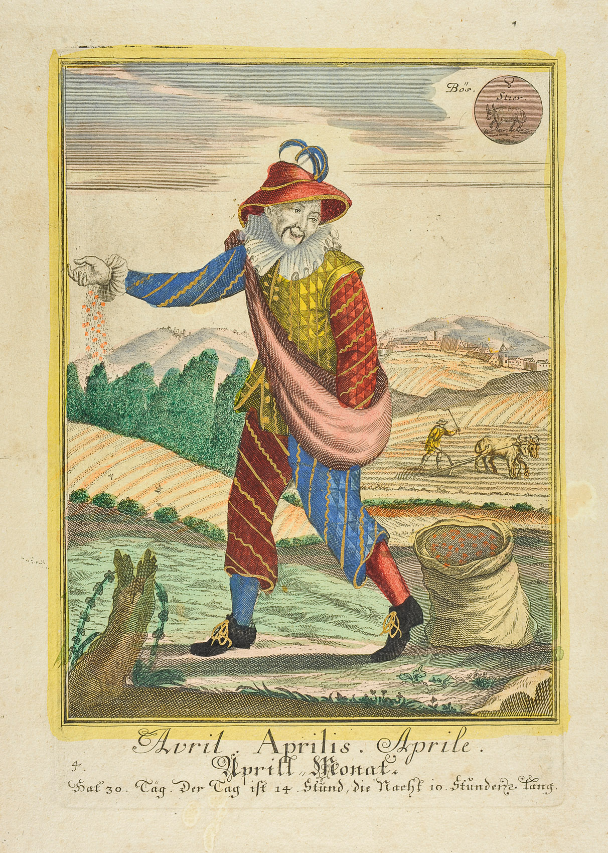 Monatsdarstellung, Titel in Vorlageform: Avril. Aprilis. Aprile. Aprill Monat.