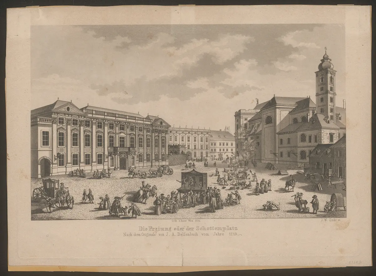 Wien (allgemein), Freyung, Weiterer Titel: Hanswurst-Bühne, Titel in Vorlageform: Die Freiung oder der Schottenplatz / Nach dem Originale von J.A. Delfenbach vom Jahre 1719