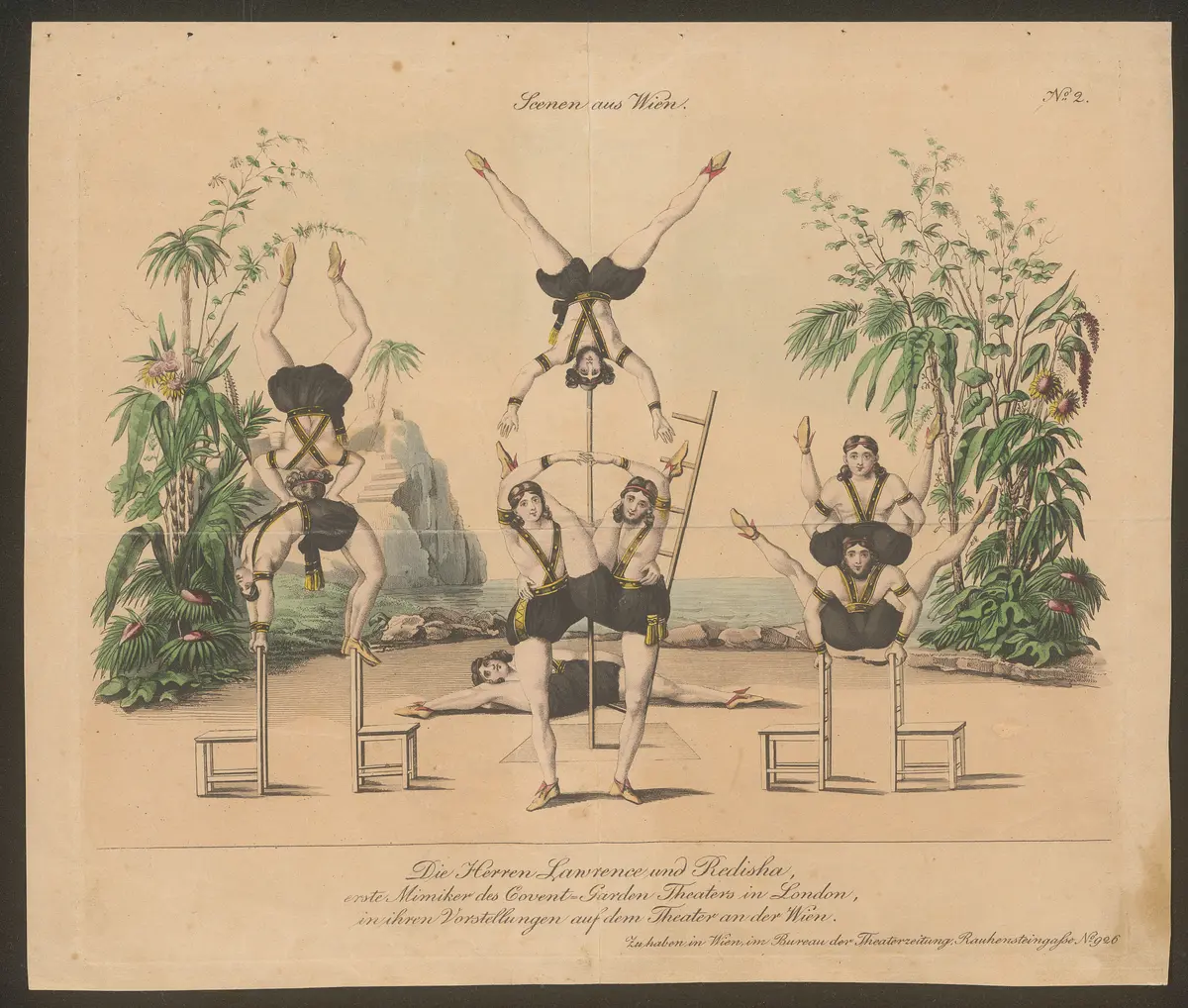 Die Herren Lawrence und Redisha, erste Mimiker des Covent-Garden Theaters in London, in ihren Vorrstellungen auf dem Theater an der Wien., Titel der Serie: Wiener Scene, Name der Zeitschrift: Wiener Theaterzeitung, Verweis auf Stücktitel: Moppels Abentheuer im Viertel unter Wiener Wald in Neu-Seeland und Marokko
