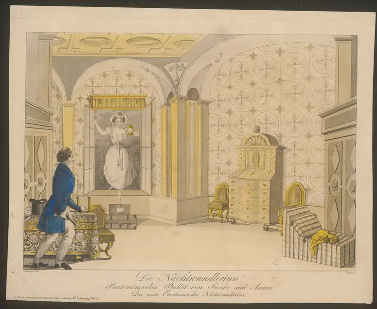 Die Nachtwandlerin, Titel der Serie: Gallerie interessanter und drolliger Scenen, Name der Zeitschrift: Wiener Theaterzeitung