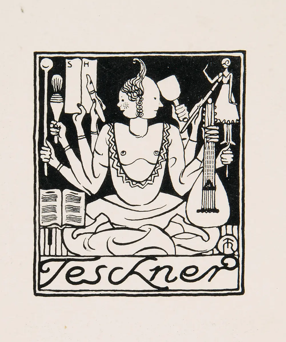 Exlibris Richard Teschner und Emma Teschner, Titel in Vorlageform: Exlibris Teschner, Alternativtitel: Exlibris mit doppelgesichtiger Gestalt