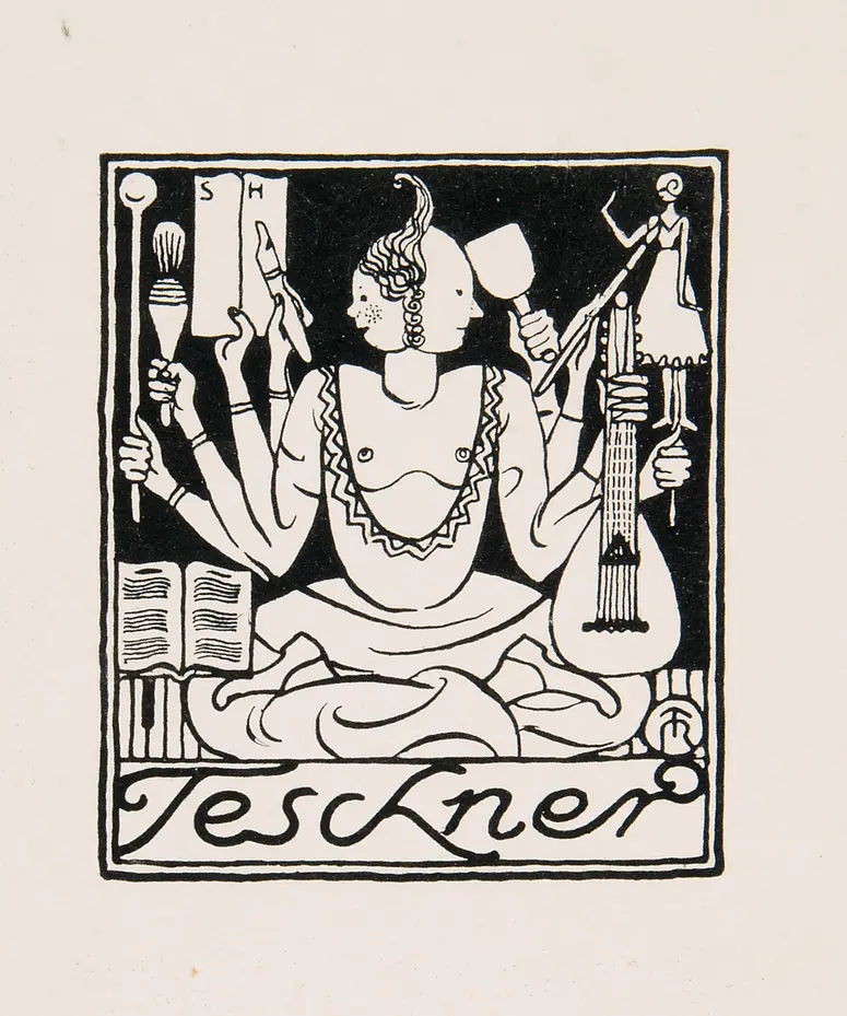 Exlibris Richard Teschner und Emma Teschner, Titel in Vorlageform: Exlibris Teschner, Alternativtitel: Exlibris mit doppelgesichtiger Gestalt