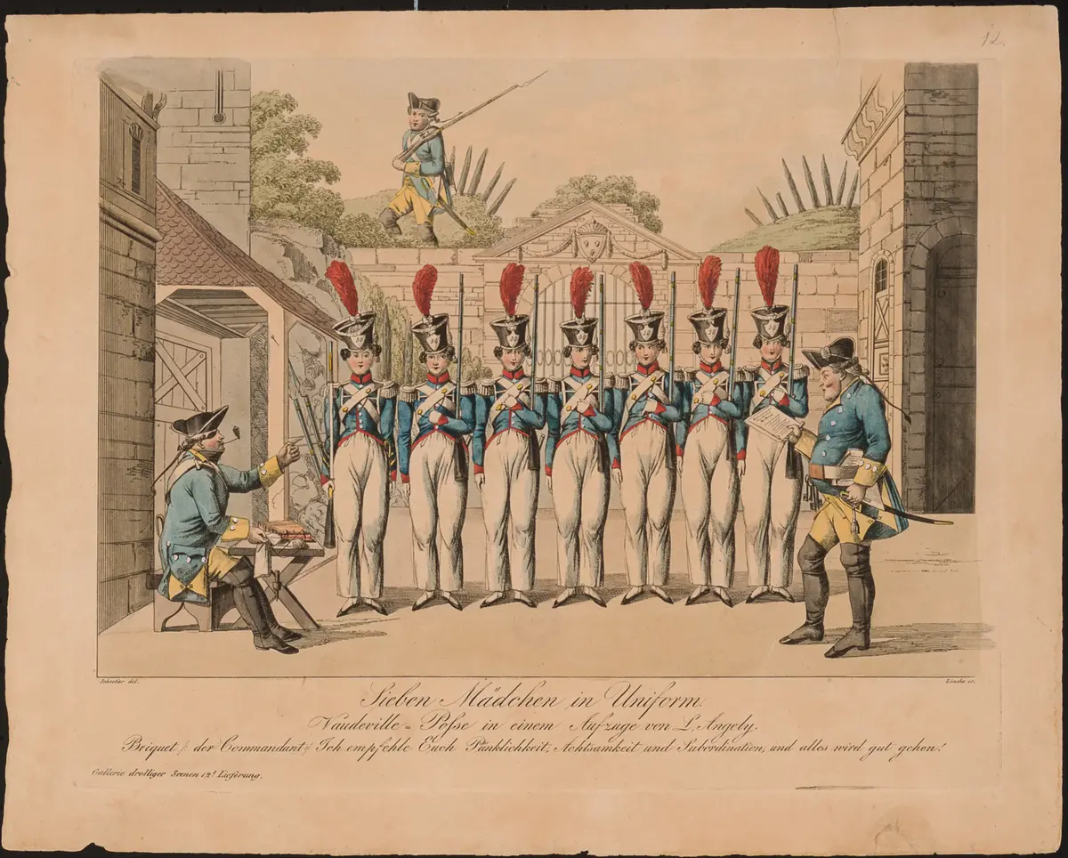 Sieben Mädchen in Uniform, Titel der Serie: Gallerie drolliger Scenen, Name der Zeitschrift: Wiener Theaterzeitung