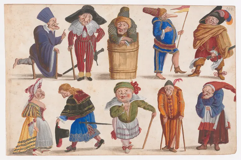 Zehn Grotesken, Titel der Serie: Nani e Maschere ridicole, Drei Blätter mit jeweils zehn Grotesken