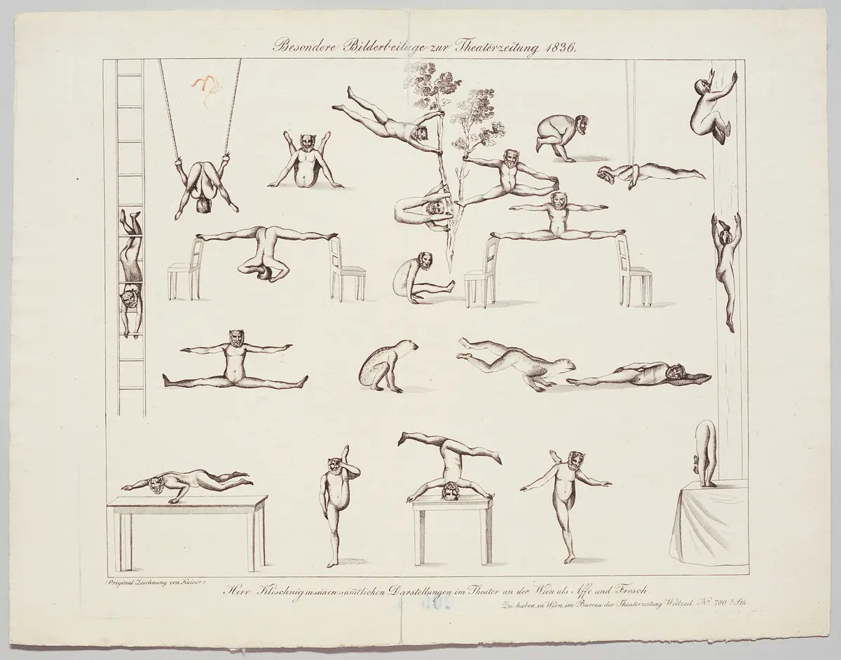 Eduard Klischnigg, Titel der Serie: Besonderer Bildbeilage zur Theaterzeitung, Name der Zeitschrift: Wiener Theaterzeitung, Verweis auf Stücktitel: Affe und Frosch