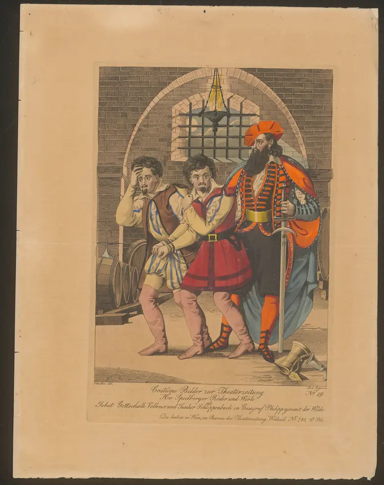 Gaugraf Philipp genannt Der Wilde, Titel in Vorlageform: Hr. Spielberger Röder und Werle als Jobst Gottschalk Volkner und Junger Schlippenbach in Gaugraf Philipp genannt der Wilde, Titel der Serie: Costume-Bild, Name der Zeitschrift: Wiener Theaterzeitung