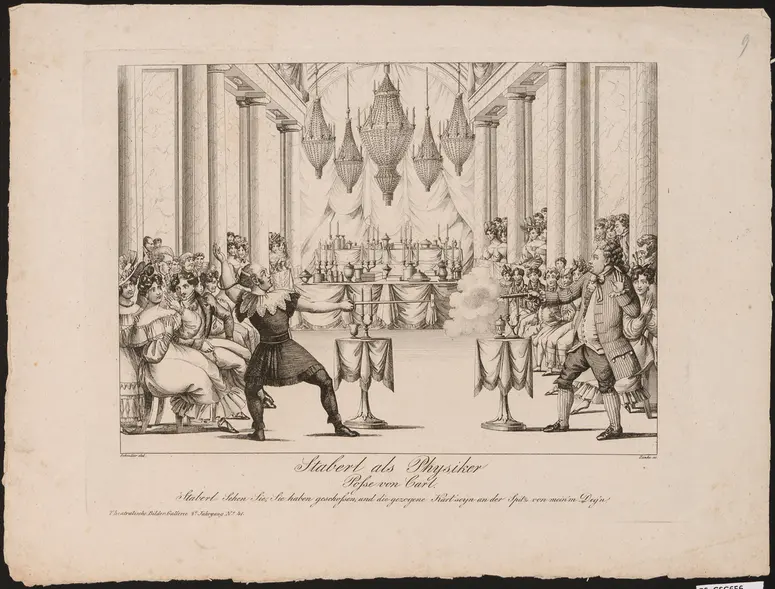 Staberl als Physiker, Titel der Serie: Theatralische Bilder-Gallerie, Name der Zeitschrift: Wiener Theaterzeitung