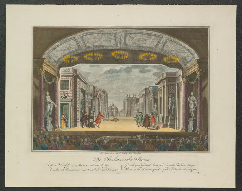 ohne Titel, Titel in Vorlageform: De Italiaansche Straat (Die italienische Straße), Titel der Serie: Toneeldecors van de Amsterdamse Schouwburg (Theaterdekorationen der Amsterdamer Schauburg), Verweis auf Stücktitel: De gewaande advocaat (Der vermeintliche Advokat)