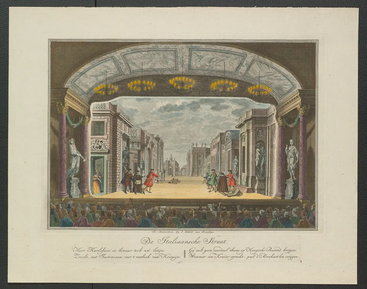 ohne Titel, Titel in Vorlageform: De Italiaansche Straat (Die italienische Straße), Titel der Serie: Toneeldecors van de Amsterdamse Schouwburg (Theaterdekorationen der Amsterdamer Schauburg), Verweis auf Stücktitel: De gewaande advocaat (Der vermeintliche Advokat)
