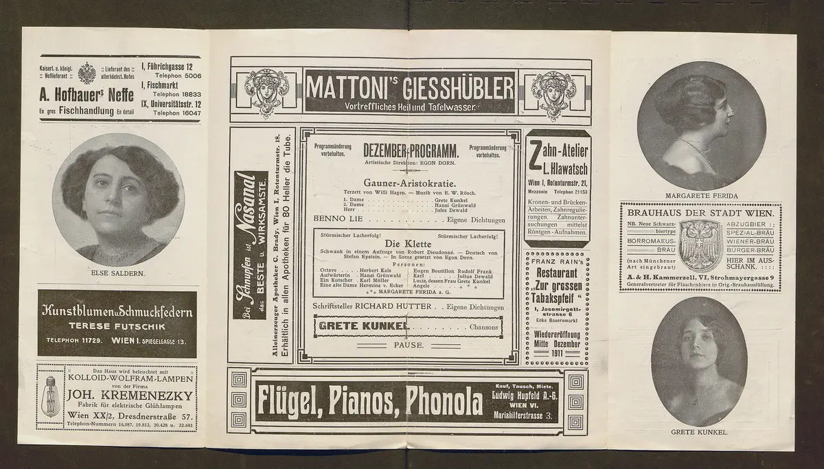 Kabarett Fledermaus, Titel in Vorlageform: Fledermaus 1911-12, Verweis auf Stücktitel: Die Klette, Verweis auf Stücktitel: Der diskrete Paravent