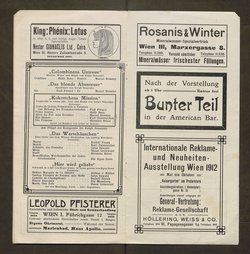 Kabarett Fledermaus, Titel in Vorlageform: Fledermaus 1911-12, Verweis auf Stücktitel: Colombinens Untreue, Verweis auf Stücktitel: Das blonde Abenteuer, Verweis auf Stücktitel: Kokottchens Mission, Verweis auf Stücktitel: Das Wartehäuschen, Verweis auf Stücktitel: Hier wird geliebt