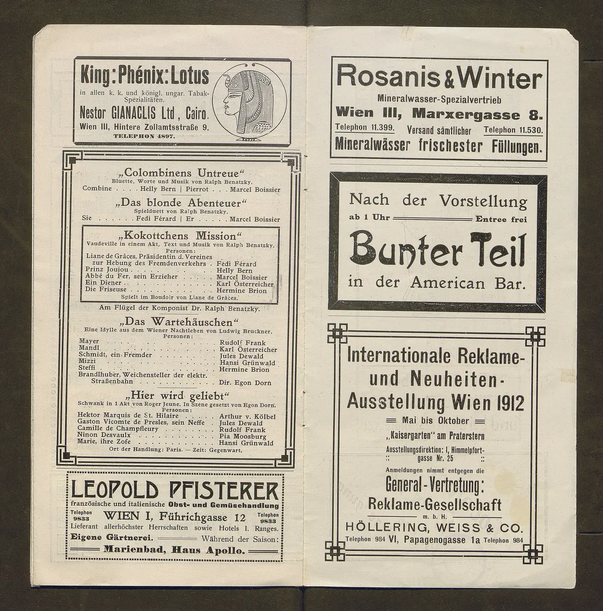 Kabarett Fledermaus, Titel in Vorlageform: Fledermaus 1911-12, Verweis auf Stücktitel: Colombinens Untreue, Verweis auf Stücktitel: Das blonde Abenteuer, Verweis auf Stücktitel: Kokottchens Mission, Verweis auf Stücktitel: Das Wartehäuschen, Verweis auf Stücktitel: Hier wird geliebt