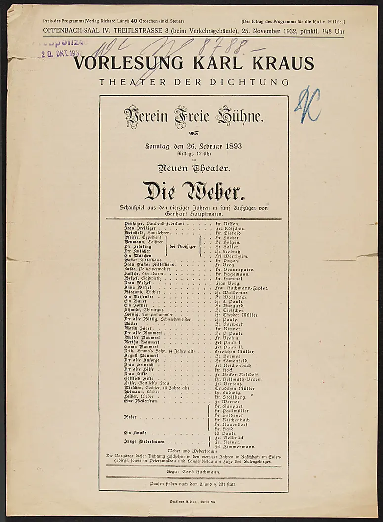 Vorlesung Karl Kraus, Verweis auf Stücktitel: Die Weber