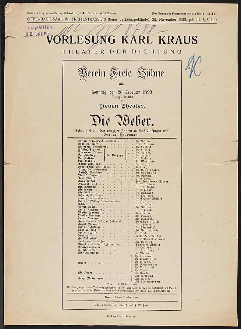 Vorlesung Karl Kraus, Verweis auf Stücktitel: Die Weber