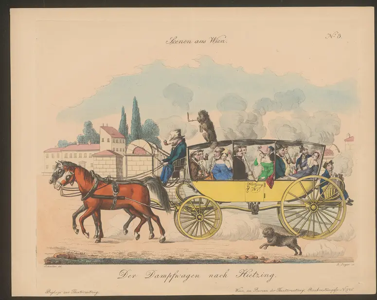 Der Dampfwagen nach Hietzing., Titel der Serie: Wiener Scene, Name der Zeitschrift: Wiener Theaterzeitung