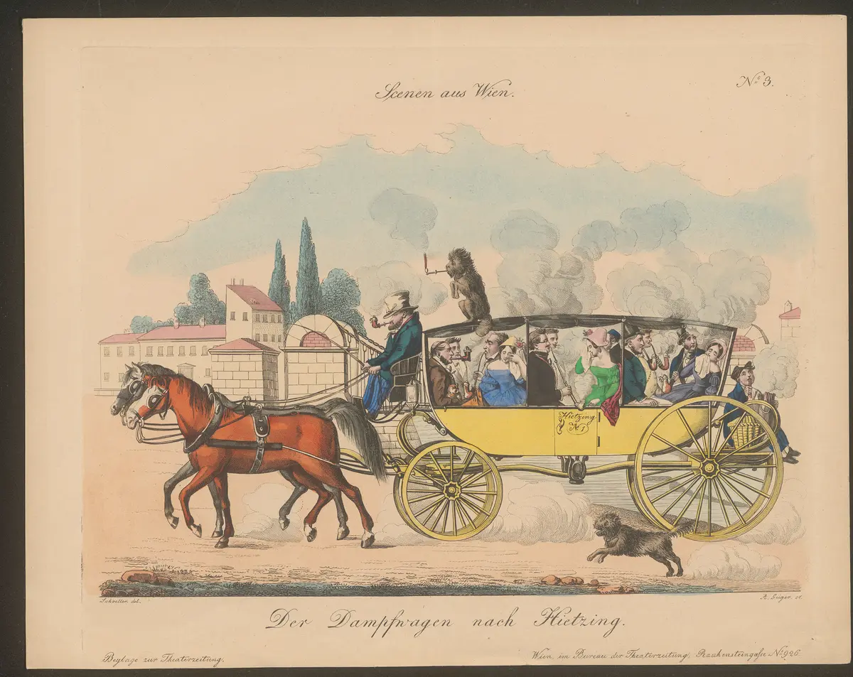 Der Dampfwagen nach Hietzing., Titel der Serie: Wiener Scene, Name der Zeitschrift: Wiener Theaterzeitung