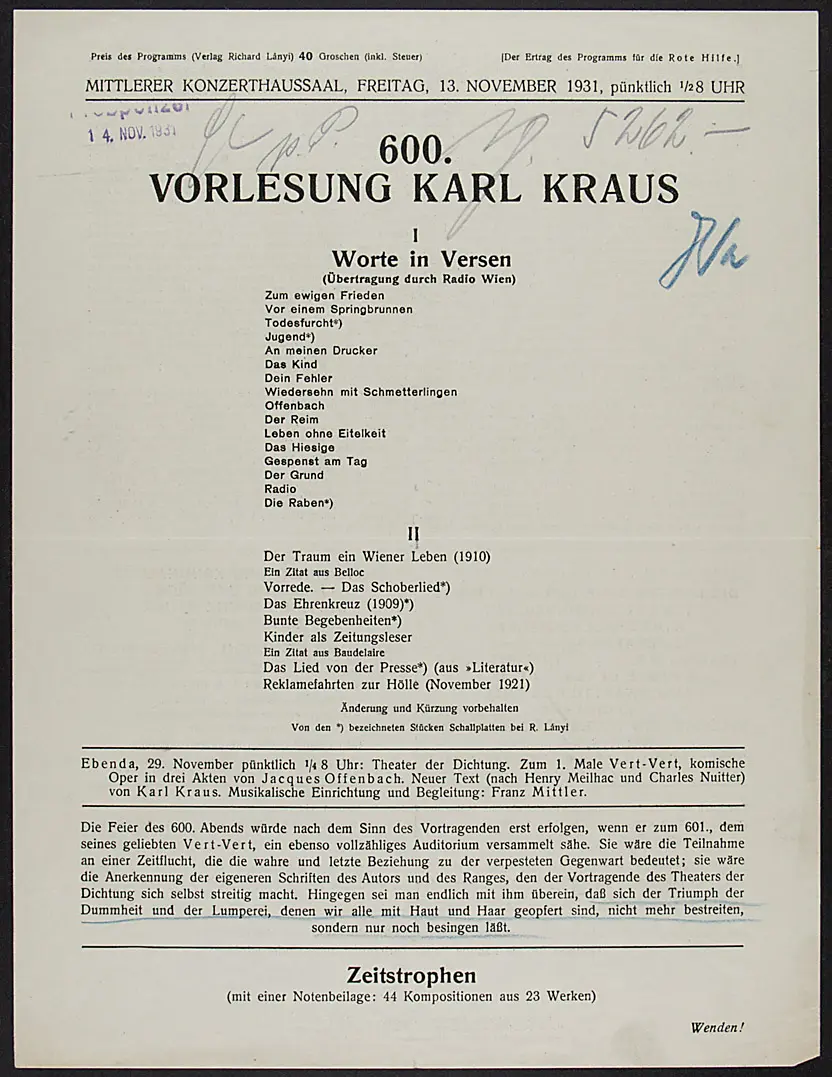 600. Vorlesung Karl Kraus, Weiterer Titel: Worte in Versen