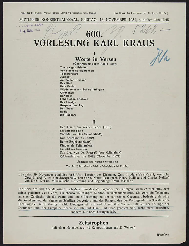 600. Vorlesung Karl Kraus, Weiterer Titel: Worte in Versen
