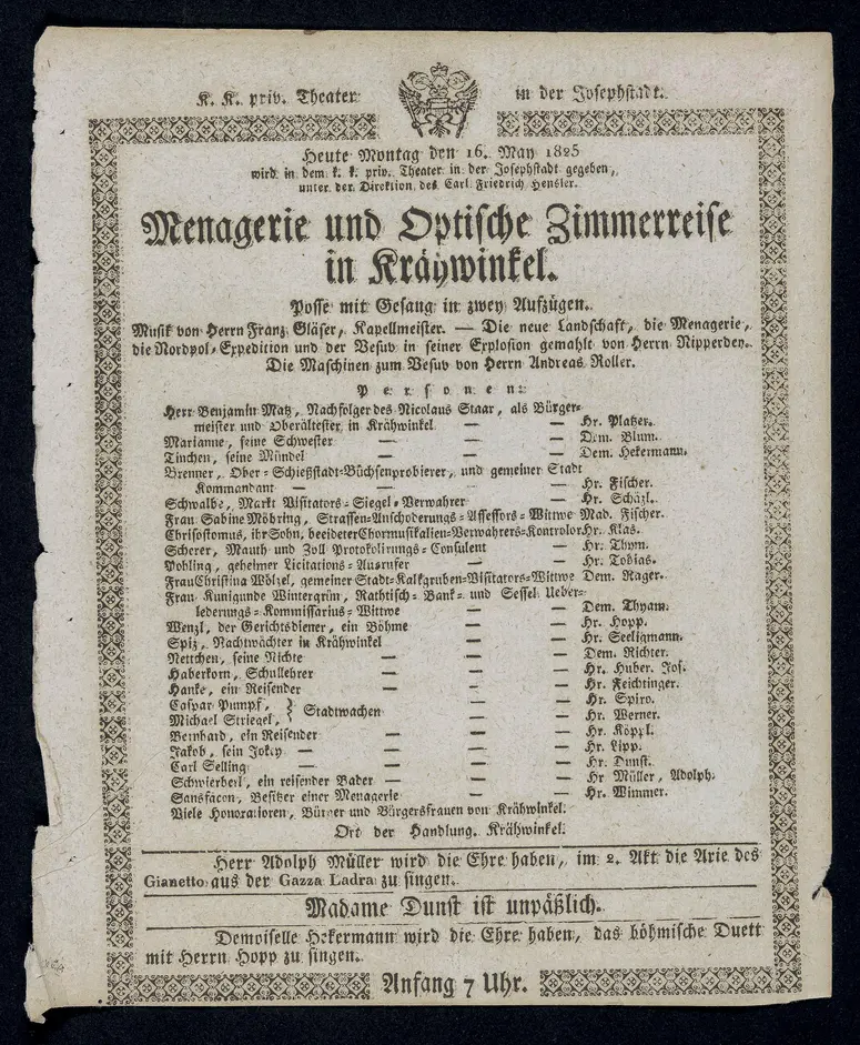 Menagerie und optische Zimmerreise in Krähwinkel