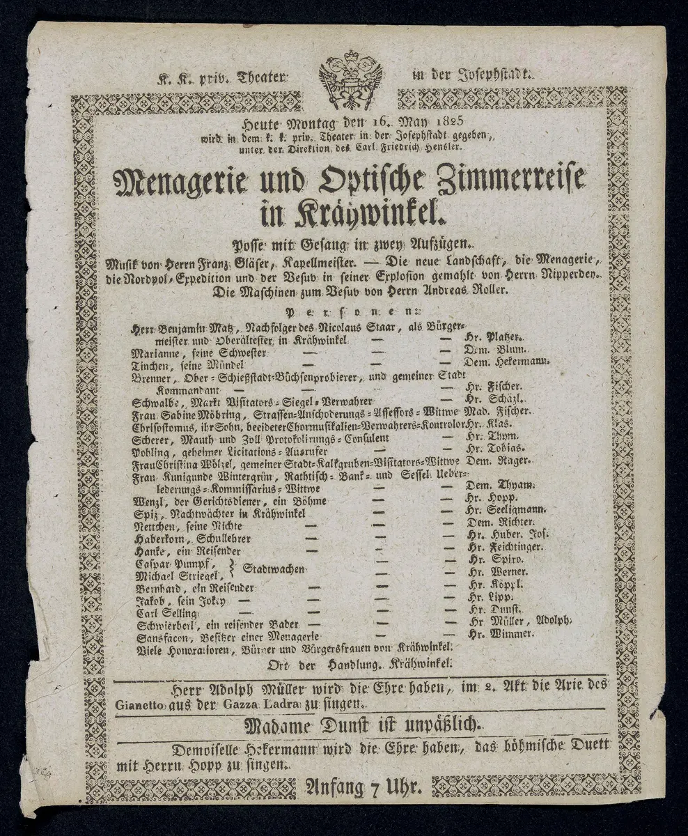 Menagerie und optische Zimmerreise in Krähwinkel