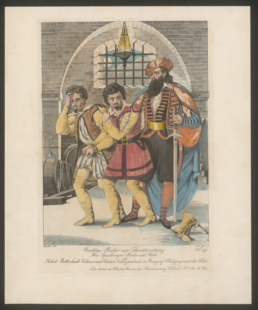 Gaugraf Philipp genannt Der Wilde, Titel in Vorlageform: Hr. Spielberger Röder und Werle als Jobst Gottschalk Volkner und Junger Schlippenbach in Gaugraf Philipp genannt der Wilde, Titel der Serie: Costume-Bild, Name der Zeitschrift: Wiener Theaterzeitung