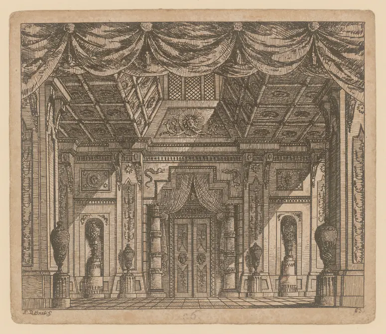 Das unterbrochene Opferfest, Titel der Serie: Theaterdecorationen nach den Originalskitzen des k.k. Hoftheatermahlers Joseph Platzer radirt und verlegt von Norbert Bittner