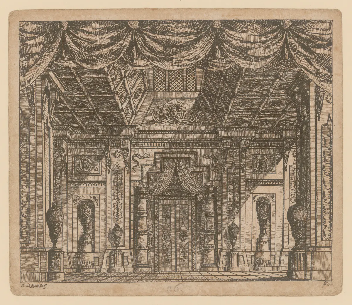 Das unterbrochene Opferfest, Titel der Serie: Theaterdecorationen nach den Originalskitzen des k.k. Hoftheatermahlers Joseph Platzer radirt und verlegt von Norbert Bittner