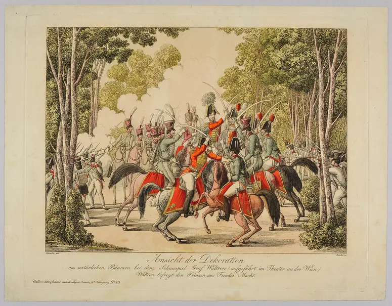Der Graf von Waltron, Alternativtitel: Graf Waltron oder Die Subordination, Titel in Vorlageform: Ansicht der Dekoration aus natürlichen Bäumen bei dem Schauspiel Graf Waltron, Titel der Serie: Gallerie interessanter und drolliger Scenen, Name der Zeitschrift: Wiener Theaterzeitung