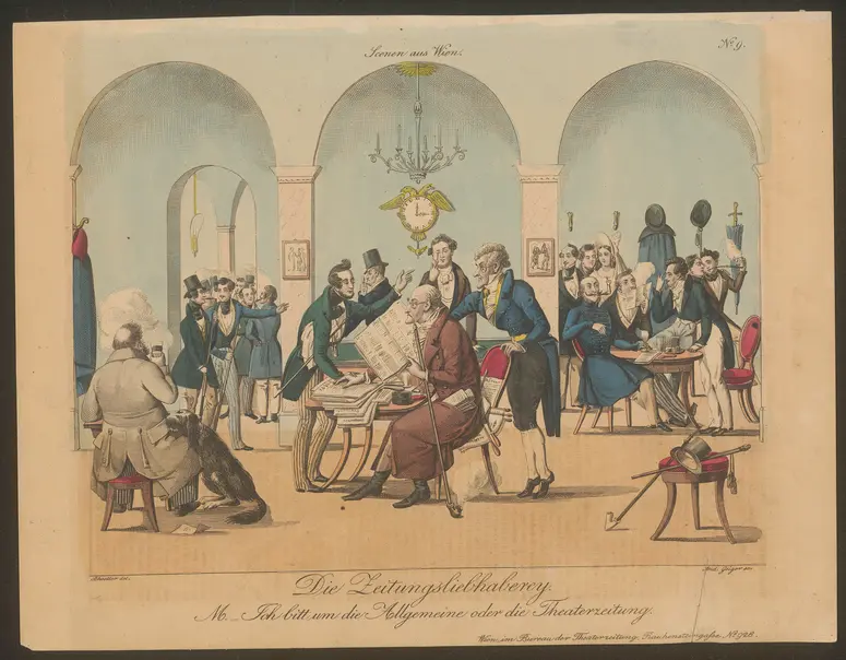 Die Zeitungsliebhaberei. Ich bitt um die Allgemeine oder die Theaterzeitung., Titel der Serie: Wiener Scene, Name der Zeitschrift: Wiener Theaterzeitung
