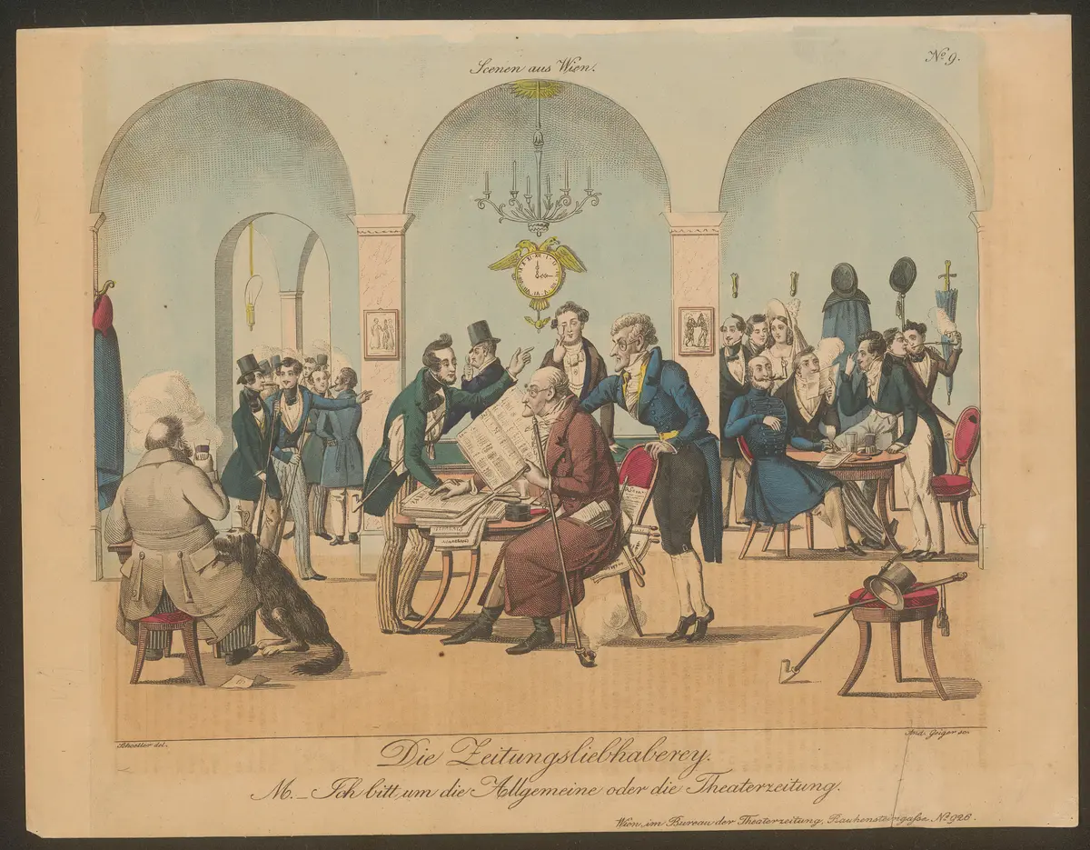Die Zeitungsliebhaberei. Ich bitt um die Allgemeine oder die Theaterzeitung., Titel der Serie: Wiener Scene, Name der Zeitschrift: Wiener Theaterzeitung