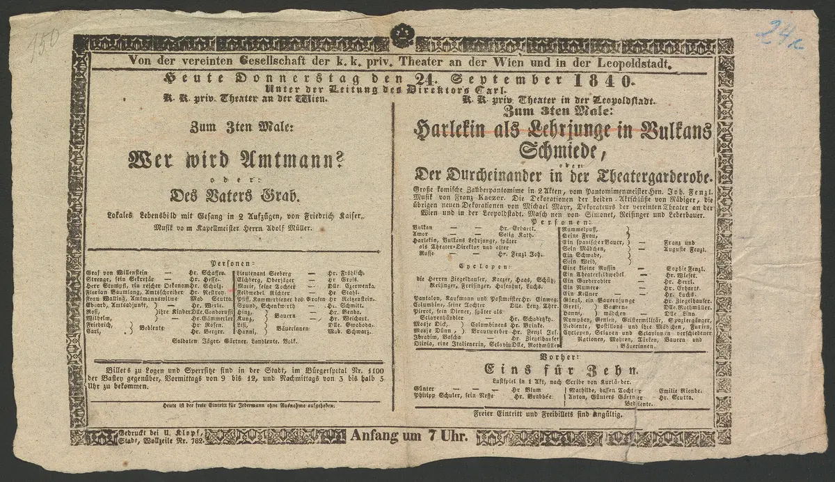 Wer wird Amtmann? oder Des Vaters Grab, Harlekin als Lehrjunge in Vulkans Schmiede, oder Der Durcheinander in der Theatergarderobe, Eins für Zehn