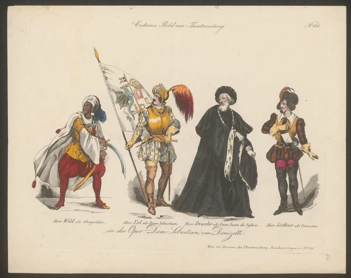 Dom Sebastian, Titel der Serie: Costume-Bild, Name der Zeitschrift: Wiener Theaterzeitung, Alternativtitel: Wild als Abayaldos, Erl als Dom Sebastian, Draxler als Don Juan de Sylva, Leither als Camoens in der Oper Dom Sebastian von Donizetti