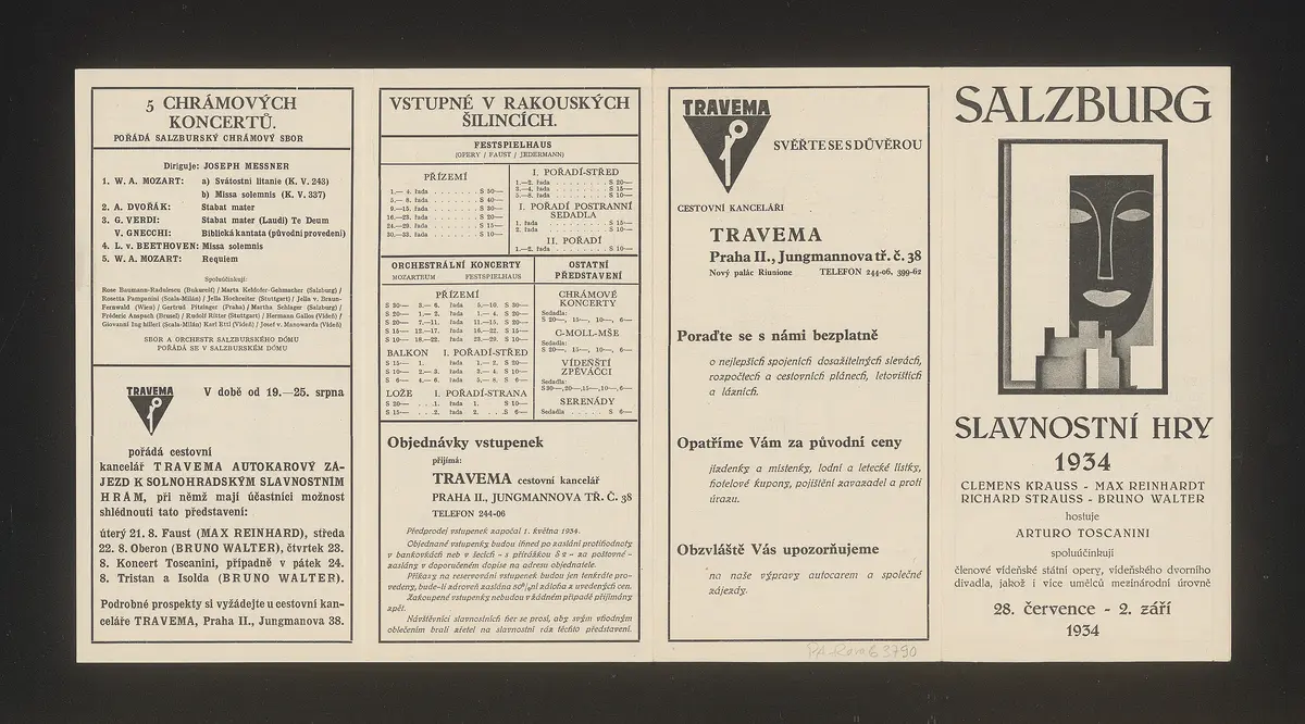 Salzburger Festspiele 1934, Titel in Vorlageform: Salzburg slavnostní hry 1934, Verweis auf Stücktitel: Fidelio, Verweis auf Stücktitel: Cosi fan tutte, Verweis auf Stücktitel: Figaros Hochzeit, Verweis auf Stücktitel: Die ägyptische Helena, Verweis auf Stücktitel: Elektra, Verweis auf Stücktitel: Die Frau ohne Schatten, Verweis auf Stücktitel: Der Rosenkavalier, Verweis auf Stücktitel: Don Giovanni, Verweis auf Stücktitel: Oberon, Verweis auf Stücktitel: Tristan und Isolde, Verweis auf Stücktitel: Jedermann, Verweis auf Stücktitel: Faust