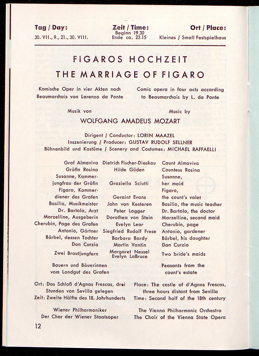 Salzburger Festspiele 1964, Titel in Vorlageform: Salzburgo Festival 1964, Verweis auf Stücktitel: Cosi fan tutte, Verweis auf Stücktitel: Figaros Hochzeit, Verweis auf Stücktitel: Lucio Silla, Verweis auf Stücktitel: Die Zauberflöte, Verweis auf Stücktitel: Ariadne auf Naxos, Verweis auf Stücktitel: Elektra, Verweis auf Stücktitel: Der Rosenkavalier, Verweis auf Stücktitel: Macbeth, Verweis auf Stücktitel: Jedermann, Verweis auf Stücktitel: Faust, Verweis auf Stücktitel: Die lustigen Weiber von Windsor