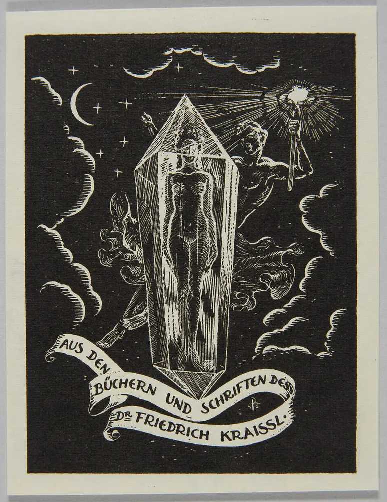 Exlibris Friedrich Kraissl, Alternativtitel: Exlibris Dr. Friedrich Kraissl, Titel in Vorlageform: Aus den Büchern und Schriften des Dr. Friedrich Kraissl