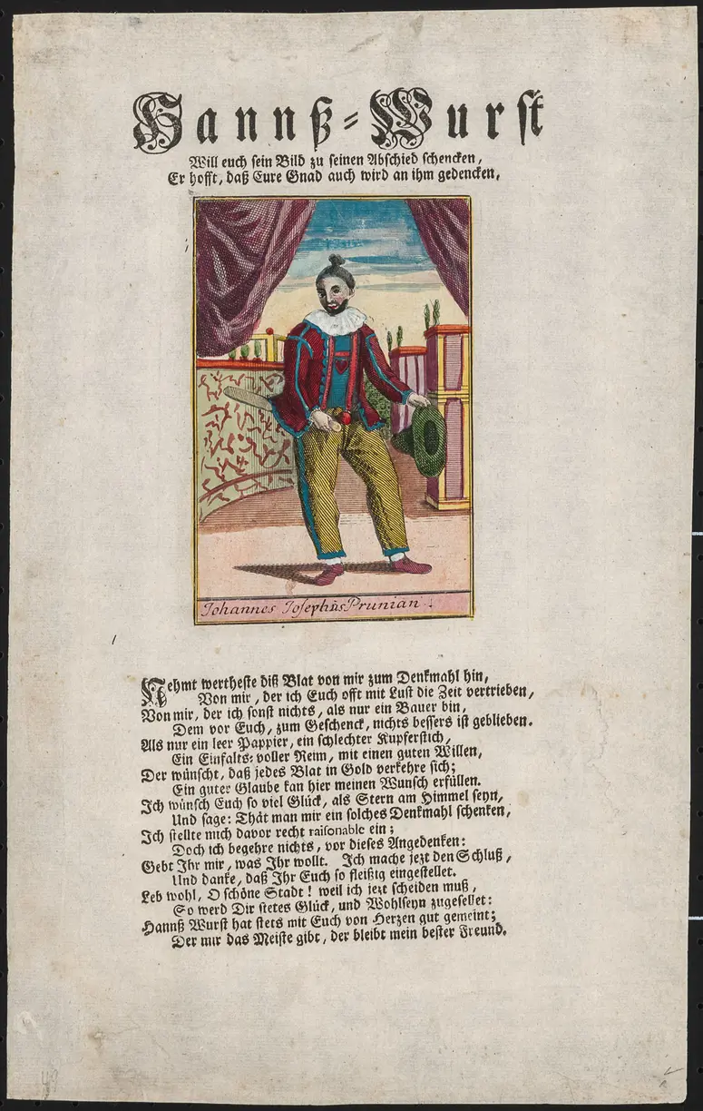 Johannes Josephus Prunian, Titel in Vorlageform: Hanns-Wurst / Will euch sein Bild zu seinen Abschied schenken [...], Verweis auf Stücktitel: Hanswurst