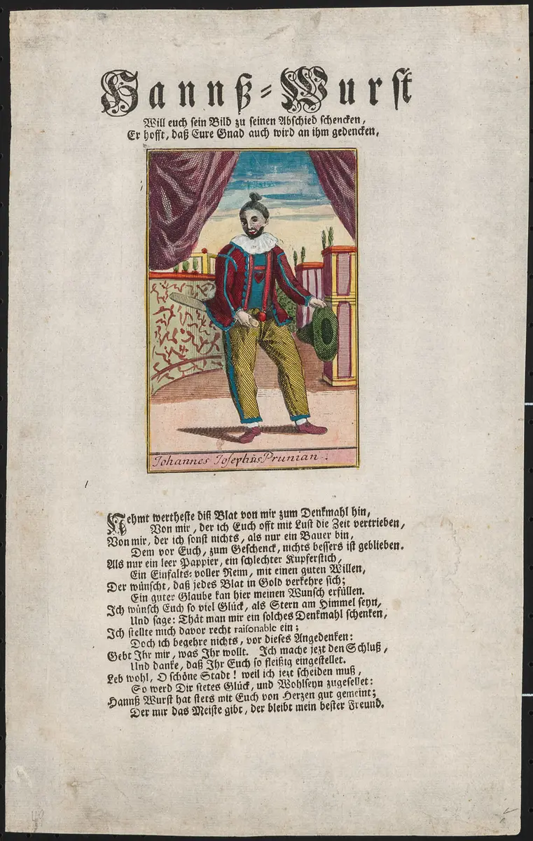 Johannes Josephus Prunian, Titel in Vorlageform: Hanns-Wurst / Will euch sein Bild zu seinen Abschied schenken [...], Verweis auf Stücktitel: Hanswurst