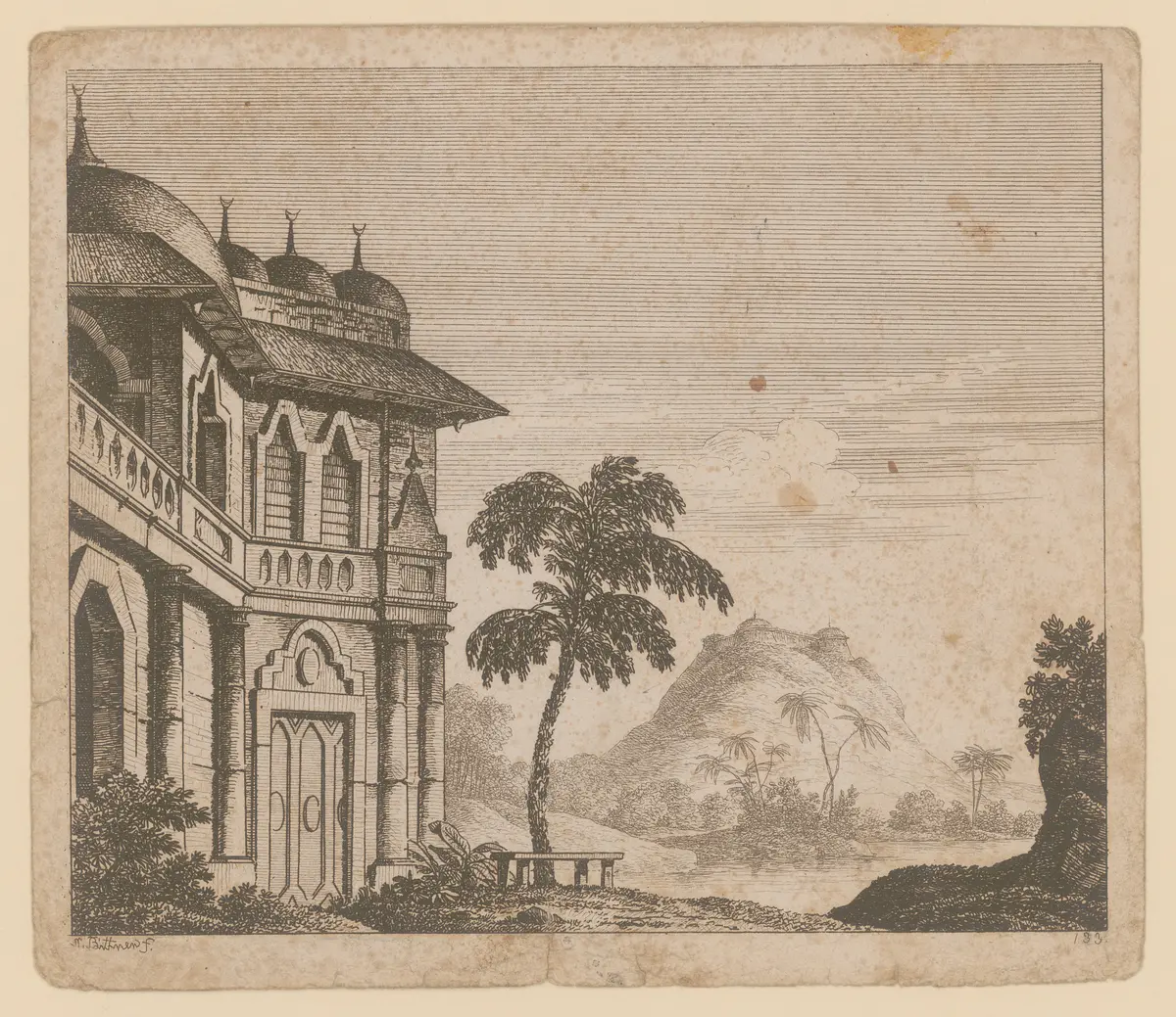 Bathmendi, Titel der Serie: Theaterdecorationen nach den Originalskitzen des k.k. Hoftheatermahlers Joseph Platzer radirt und verlegt von Norbert Bittner