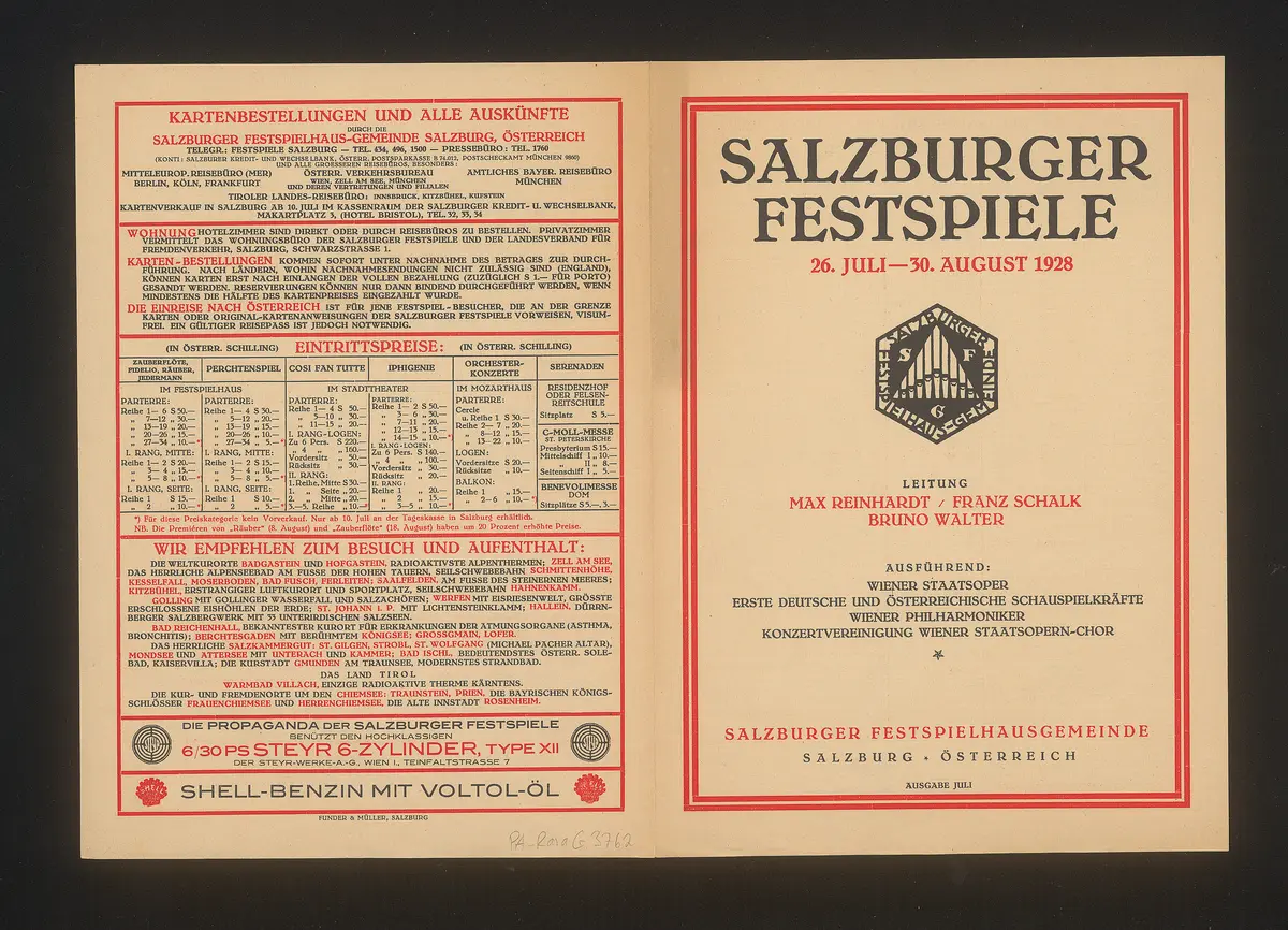 Salzburger Festspiele 1928, Verweis auf Stücktitel: Fidelio, Verweis auf Stücktitel: Die Zauberflöte, Verweis auf Stücktitel: Cosi fan tutte, Verweis auf Stücktitel: Die Räuber, Verweis auf Stücktitel: Iphigenie auf Tauris, Verweis auf Stücktitel: Jedermann, Verweis auf Stücktitel: Das Perchtenspiel