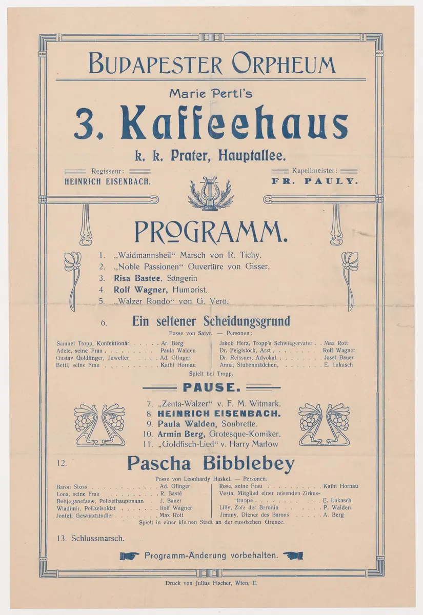 Budapester Orpheum-Gesellschaft, Verweis auf Stücktitel: Ein seltener Scheidungsgrund, Verweis auf Stücktitel: Pascha Bibblebey