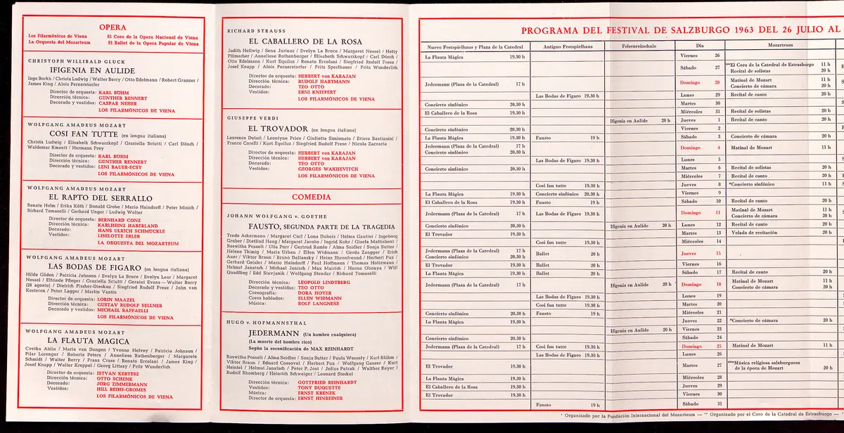 Salzburger Festspiele 1963, Titel in Vorlageform: Salzburgo Festival 1963, Verweis auf Stücktitel: Iphigenie in Aulis, Verweis auf Stücktitel: Cosi fan tutte, Verweis auf Stücktitel: Die Entführung aus dem Serail, Verweis auf Stücktitel: Figaros Hochzeit, Verweis auf Stücktitel: Die Zauberflöte, Verweis auf Stücktitel: Der Rosenkavalier, Verweis auf Stücktitel: Der Troubadour, Verweis auf Stücktitel: Jedermann, Verweis auf Stücktitel: Faust