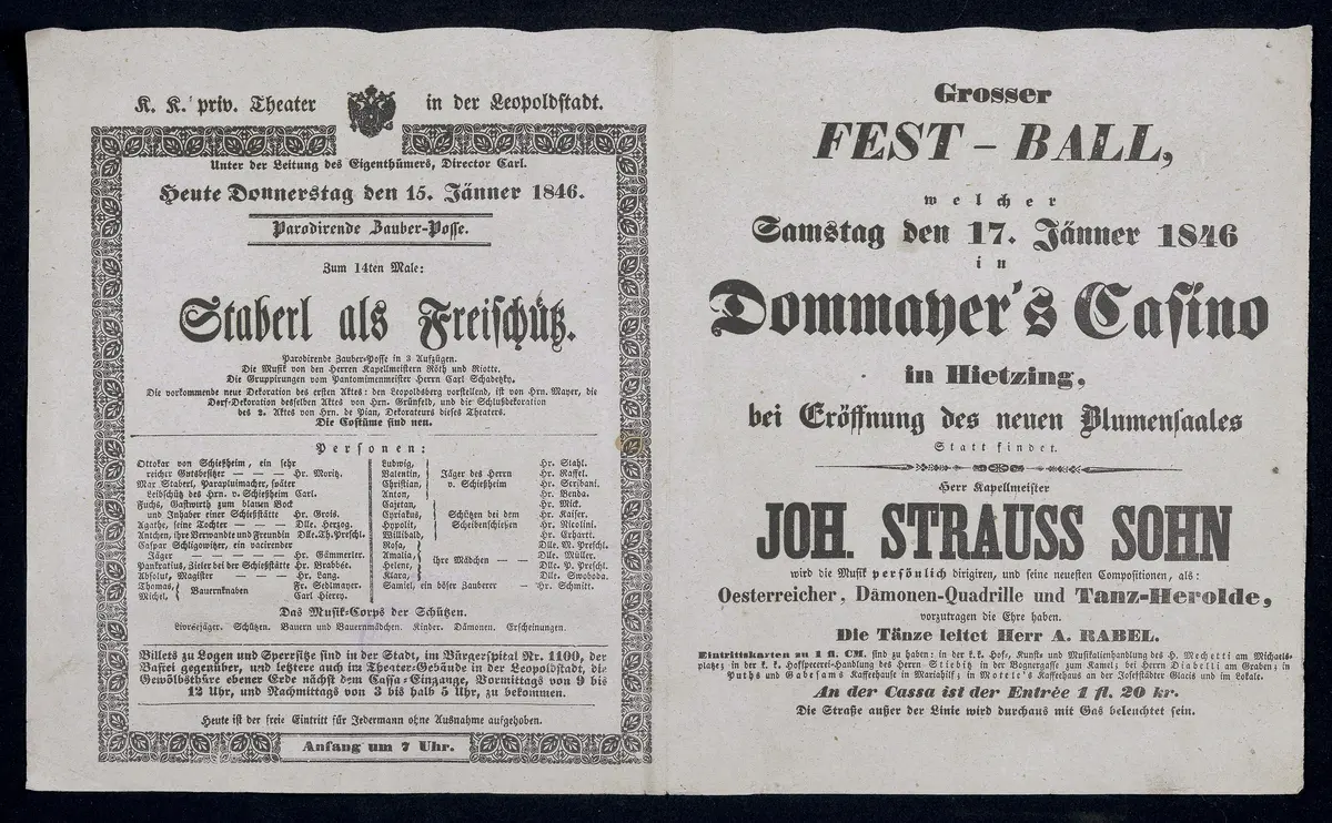 Staberl als Freischütz, Grosser FEST-BALL [...] in Dommayer's Casino in Hietzing, bei Eröffung des neuen Blumensaales