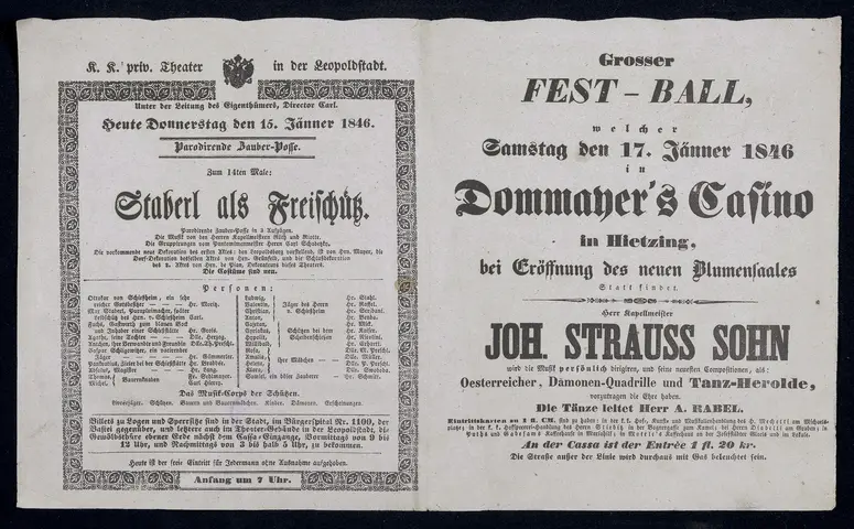 Staberl als Freischütz, Grosser FEST-BALL [...] in Dommayer's Casino in Hietzing, bei Eröffung des neuen Blumensaales