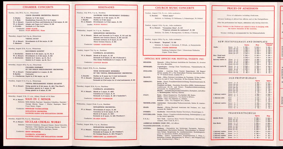 Salzburger Festspiele 1962, Titel in Vorlageform: Salzburg Festival 1962, Verweis auf Stücktitel: Iphigenie in Aulis, Verweis auf Stücktitel: Cosi fan tutte, Verweis auf Stücktitel: Die Entführung aus dem Serail, Verweis auf Stücktitel: Figaros Hochzeit, Verweis auf Stücktitel: Idomeneo, Verweis auf Stücktitel: Der Troubadour, Verweis auf Stücktitel: Jedermann, Verweis auf Stücktitel: Faust, Verweis auf Stücktitel: Lumpazivagabundus, Verweis auf Stücktitel: Der Bauer als Millionär